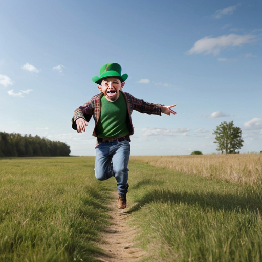 leprechaun running through grass laughing hysterically