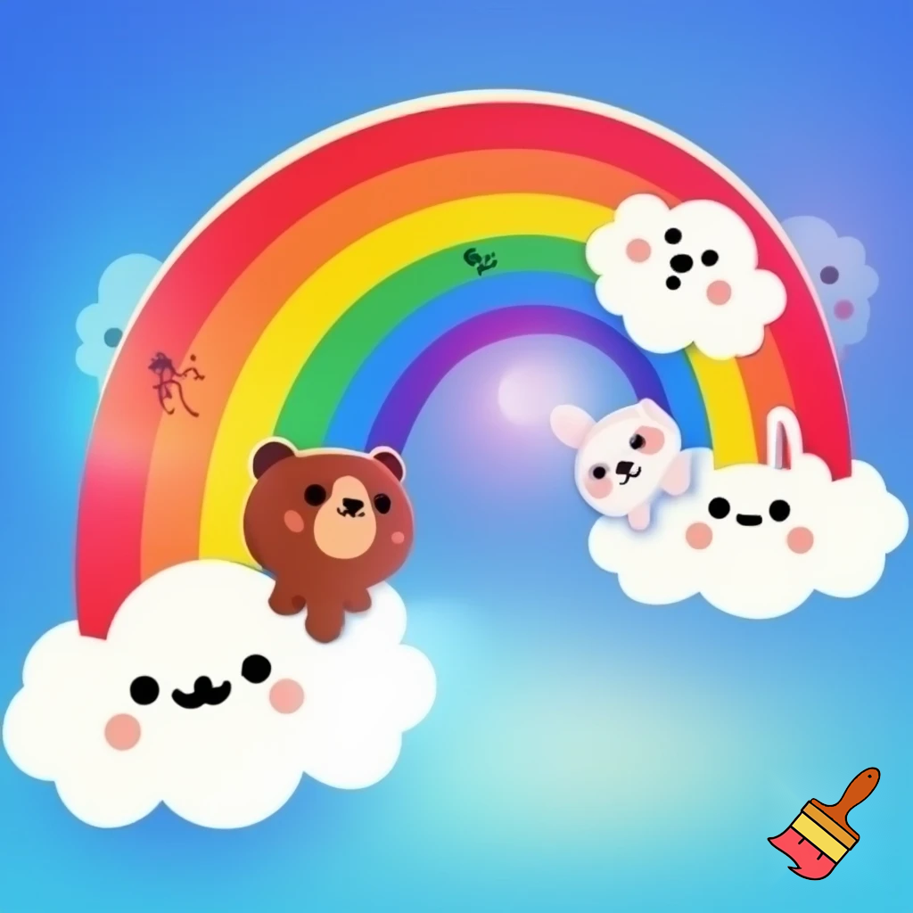 "Cartoon rainbow with smiling clouds and cute animals, YouTube style, kids channel logo."