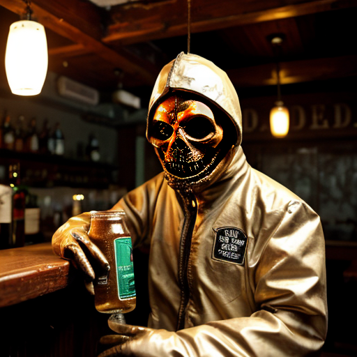 a grotesque, photorealistic dive bar frozen in time—peeling wallpaper stained with decades of smoke and spilled liquor, broken furniture piled like carcasses in the corners, a single flickering bulb casting jaundiced light. Front and center, a nightmare scarecrow slouches on a stool, its burlap face split by a stitched grin, cornstalk fingers wrapped around a bottle of Jack Daniels, tendrils of hay spilling from its rotting chest cavity where whiskey drips into exposed ribs. Beside it, three 1950s-era hazmat suits—faded yellow rubber, cracked visors fogged with condensation—lean drunkenly against the bar, gloved hands clutching martini glasses filled with neon-green sludge. A hunchbacked goblin with pustular skin and jagged teeth perches on a keg, chugging a foaming beer that spills down its chin onto a taxidermied rat hanging from its necklace. Towering over them all, a corroded bronze statue of Satan rises from the debris, one hoof resting on a toppled jukebox, its leering face tilted as if amused by the decay. The air is thick with the ghosts of a thousand bad decisions