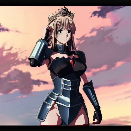 ((anime style, print screen of an anime scene)) cute anime girl, huge muscles, she is a knight, she wears metal gauntlets, metal greaves and shoulder pads, she has a breastplate, her defined abs are exposed as well her upper arms, she has a tiara that has crown features
