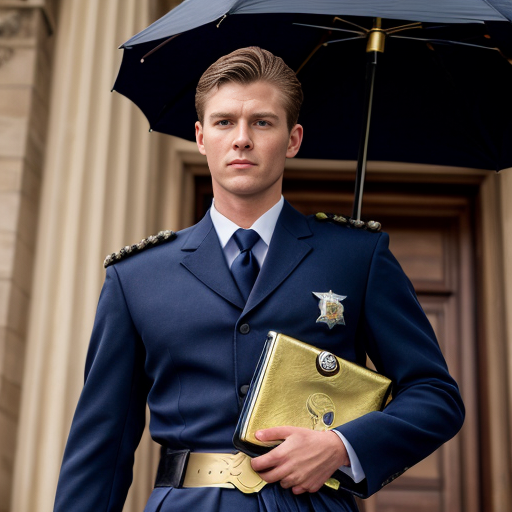 Hofrat in Hofuniform: Marineblauer einreihiger uniformrock mit 4 knöpfen, hellblaues hemd, dunkelblaue krawatte, dunkelblaue hose mit goldener doppelpaspel, schwarzer gürtel mit goldenem koppelschloss, pistole im Holster auf der linken seite, königsblaue kragenspiegel mit goldner lapisch-stickerei, Schirmmütze mit schwarzen schild mit goldenen Verzierungen, und dunkebllauem deckel