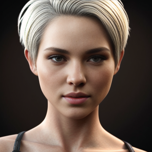 Attractive woman with an ash blonde pixie cut and a slim build 