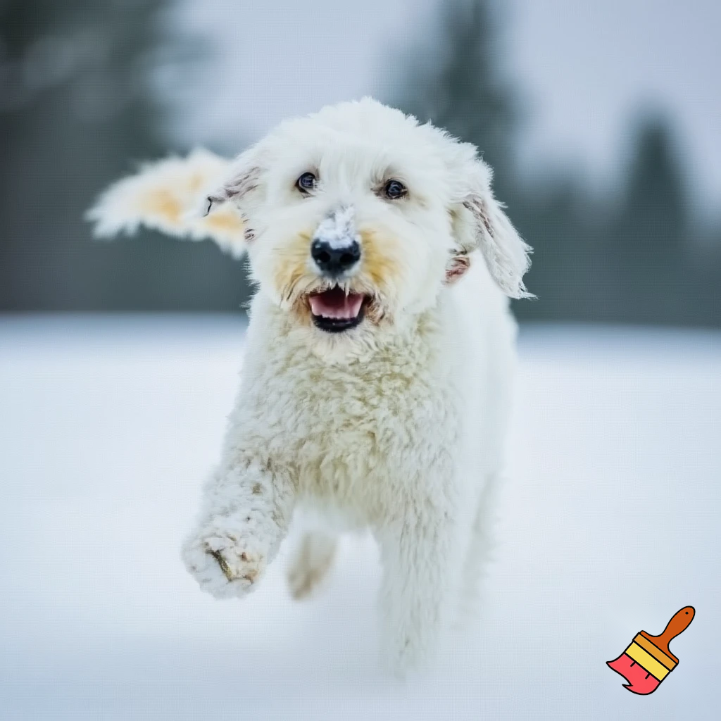 weißer labradoodle in schnee spielen