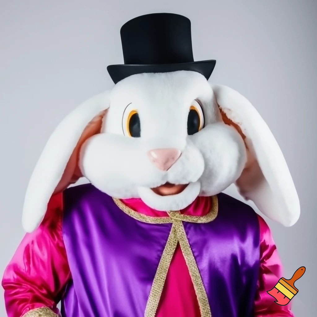 Easter bunny mascot costume top hat a colour face jacket purple and pink pink, purple and pink and gold purple and pink and gold