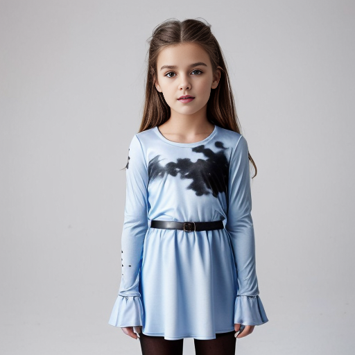Make a sky blue dress long sleeve and a little big sleeves kids size black line around the waist no one wearing it white background 