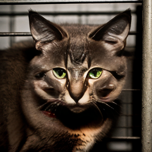 only feral cat, mugshot, dark brown fur, black details ,green eyes, malicious ,evil, wearing prison clothing