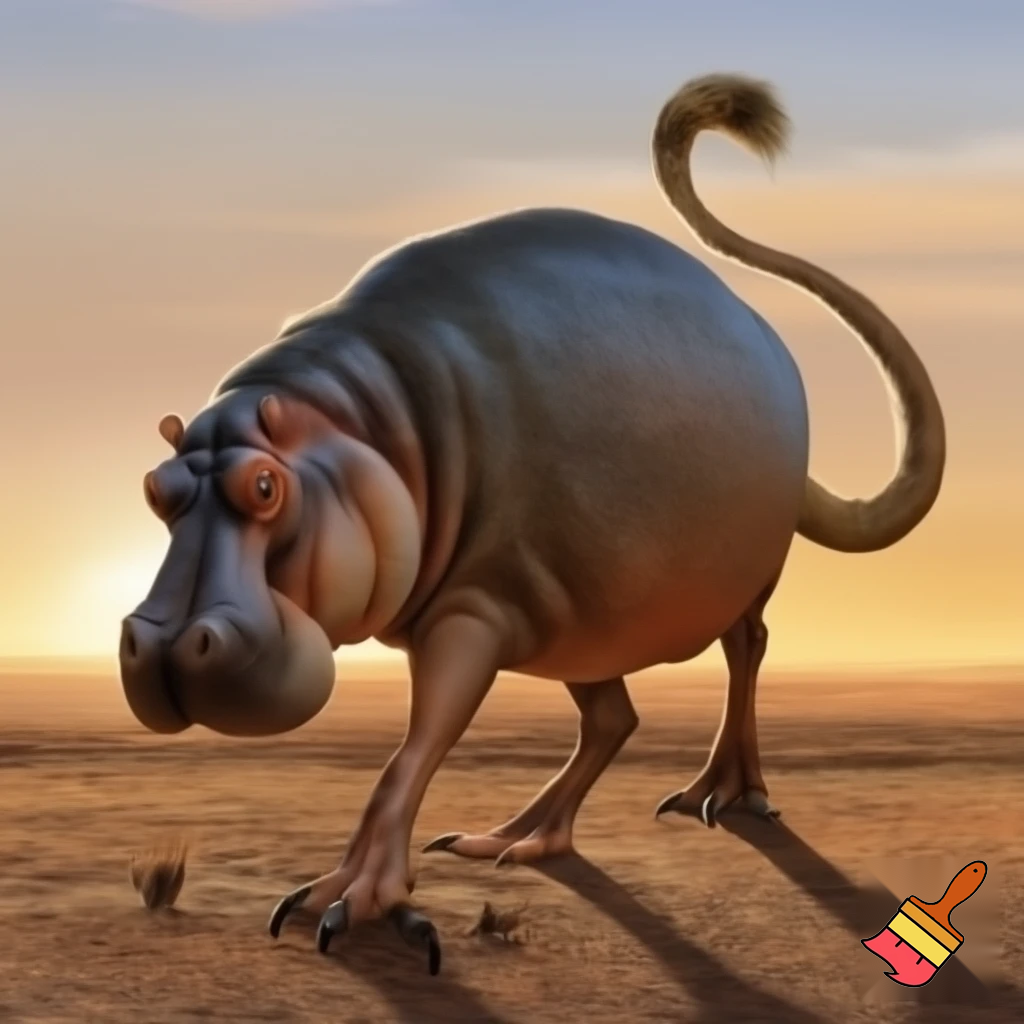 crea un animal con cuerpo de hippopotamo garras de tigre cola de puma patas de avestruz y cabeza de pato
