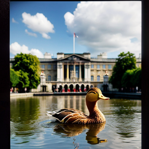 "Duckingham pallace" : buckingham palace with a duck theme, the pallace itself is yellow and rubbery, cartoon-like.