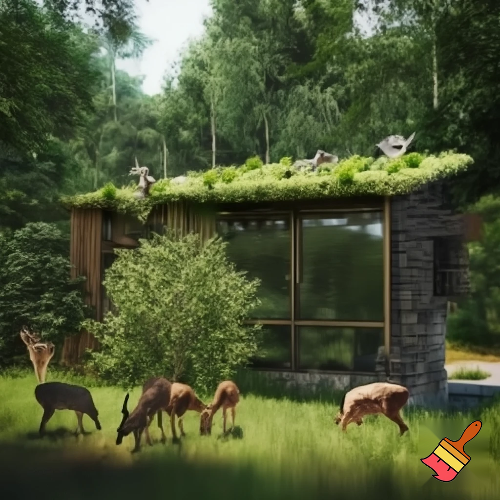 Una casa ecologica amb molts animals.
