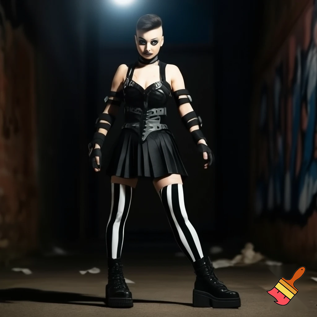 Woman with an undercut and bold makeup wearing a collar, buckle arm warmers, a corset, a body belt, a pleated skirt, vertical striped stockings and platform boots 