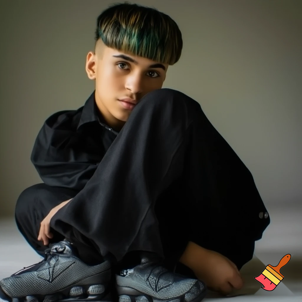 wygeneruj moją podobiznę 186 wzrostu włosy na krótszy modern mullet grzywka delikatnię w górę moje buty nike shox szare baggy jeansy czrna luzna bluza wyrazista szczęka i oczy brązowo zielone kolor włosów brązowe mam 17 lat