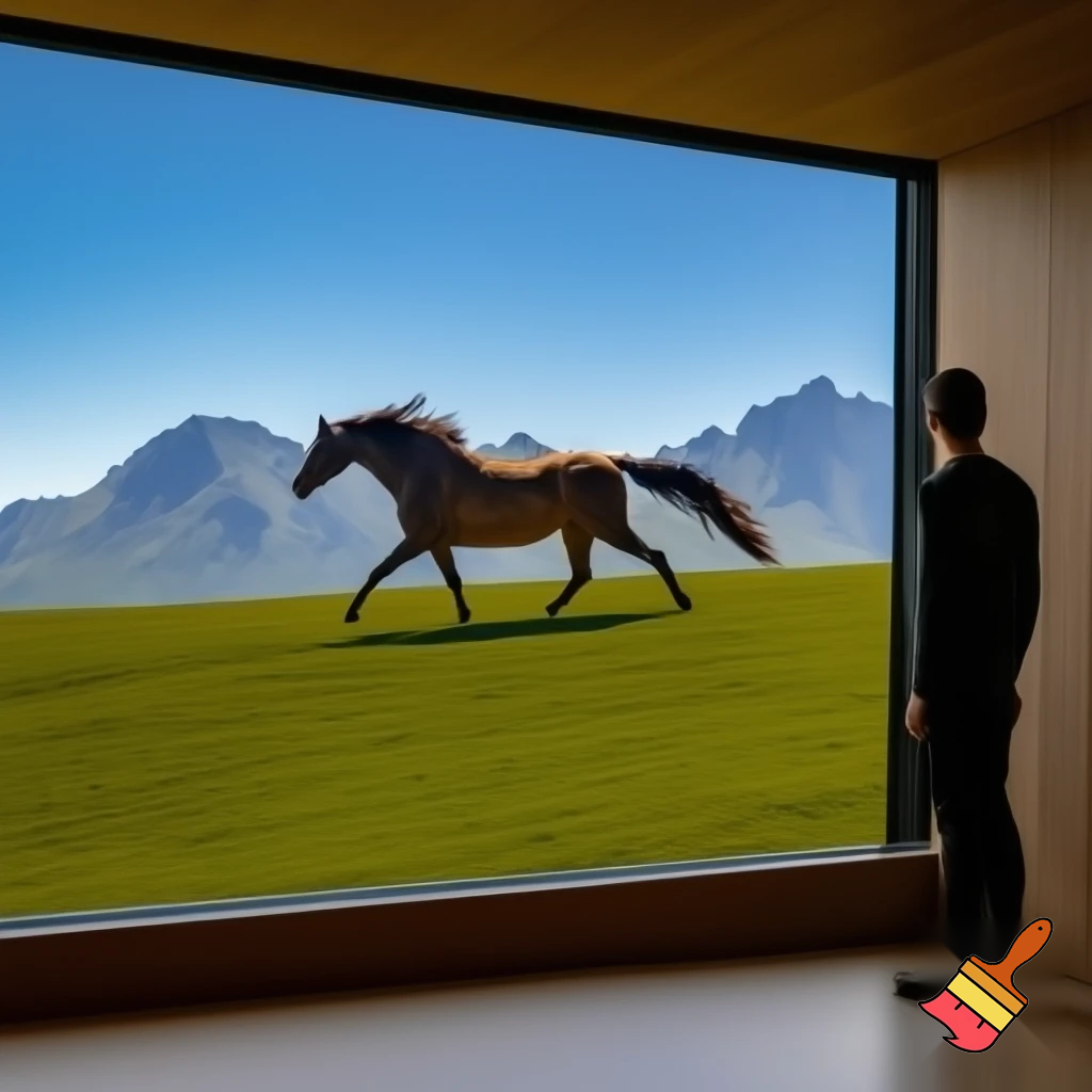 A horse running through the hills and over the mountains free and a man looking at the view of that horse by the window, calm and nicw environment 