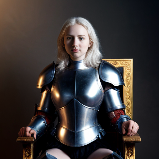 young tall white-haired woman in armor sits on a throne