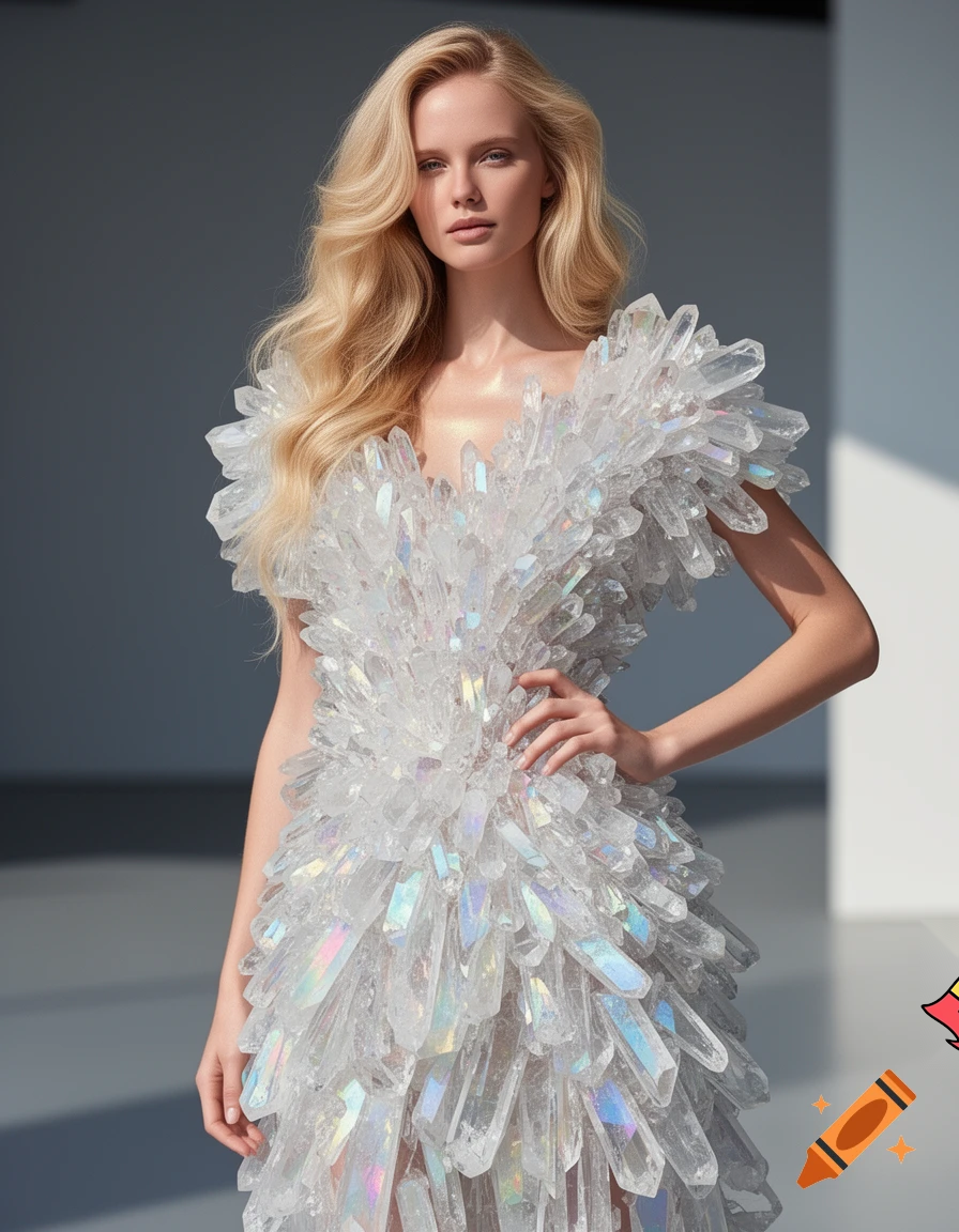 medium plane of a top model blond woman, wearing a dress made of crystal clear quartz.