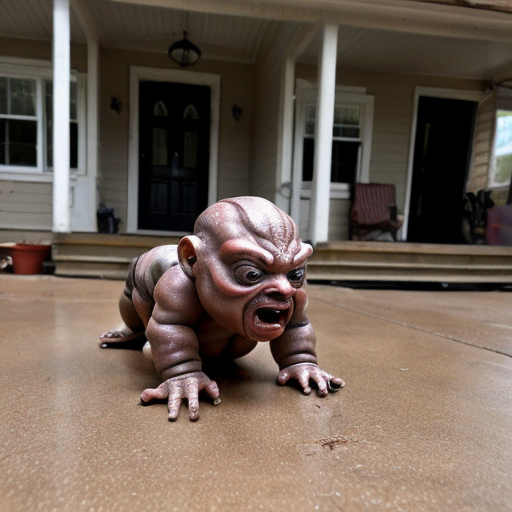 Baby crawler MUTANT DEFORMED grotesque EXPIREMENT UGLY GROSS DISGUSTING OUTSIDE SURROUNDING A HOUSE