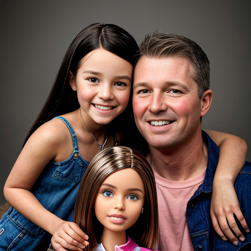 make a family photo of 3 with a 3 year old barbie and a 15 year old ken with there dad