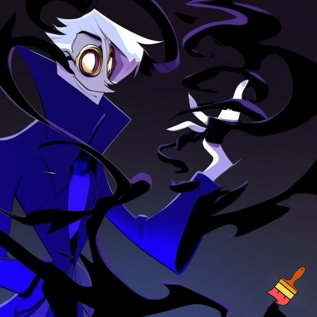 A tall, lean pale man with white hair, distinctive round brass glasses he has a stern look on his face. his face In cartoonish art style of hazbin hotel wearing his signature blue overcoat with black sinister smoke curling around him his hand reaching out, producing the black sinister smoke