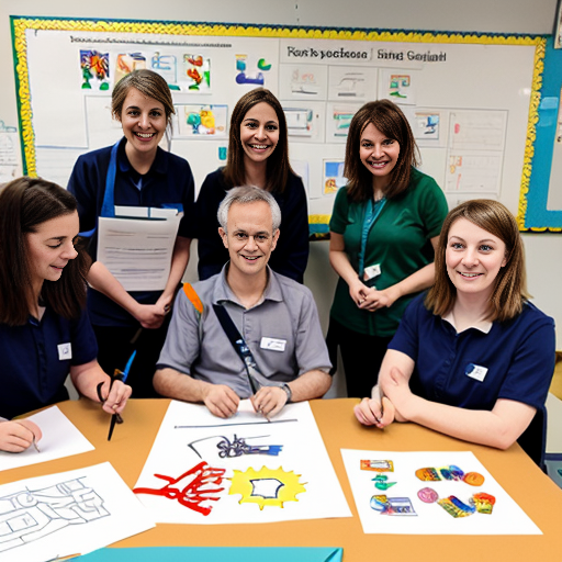 create school based Occupational Therapy team poster cartoon with 10 women and 1 man use scissors, glue, wheelchair,writing

