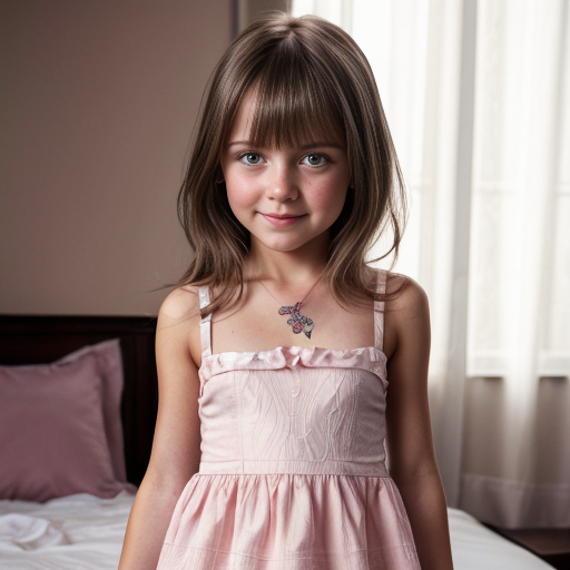 finnish brunette little girl at night dress, very beautiful and eager, on the bedroom, brown eyes
