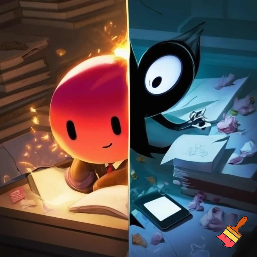 Half of the image shows a red sticker character (the good student) sitting at a tidy desk, focused, surrounded by glowing books and positive energy; the other half shows a black sticker character (the bad student) slouching at a messy desk with trash, phone distractions, and dark lighting. Dynamic contrast between success and failure, cinematic horizontal composition for YouTube thumbnail.