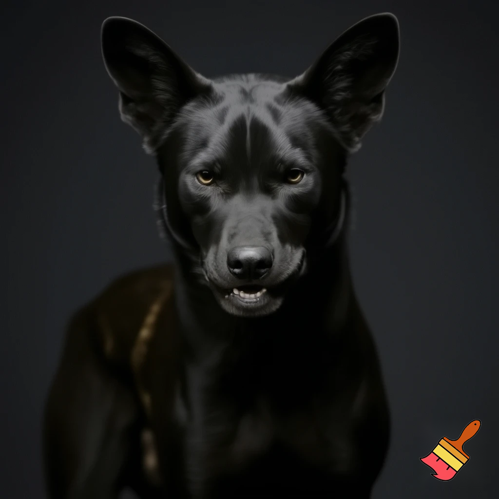 A black wild dog taking a mugshot looking DEADLY, sinister, angry and malicious