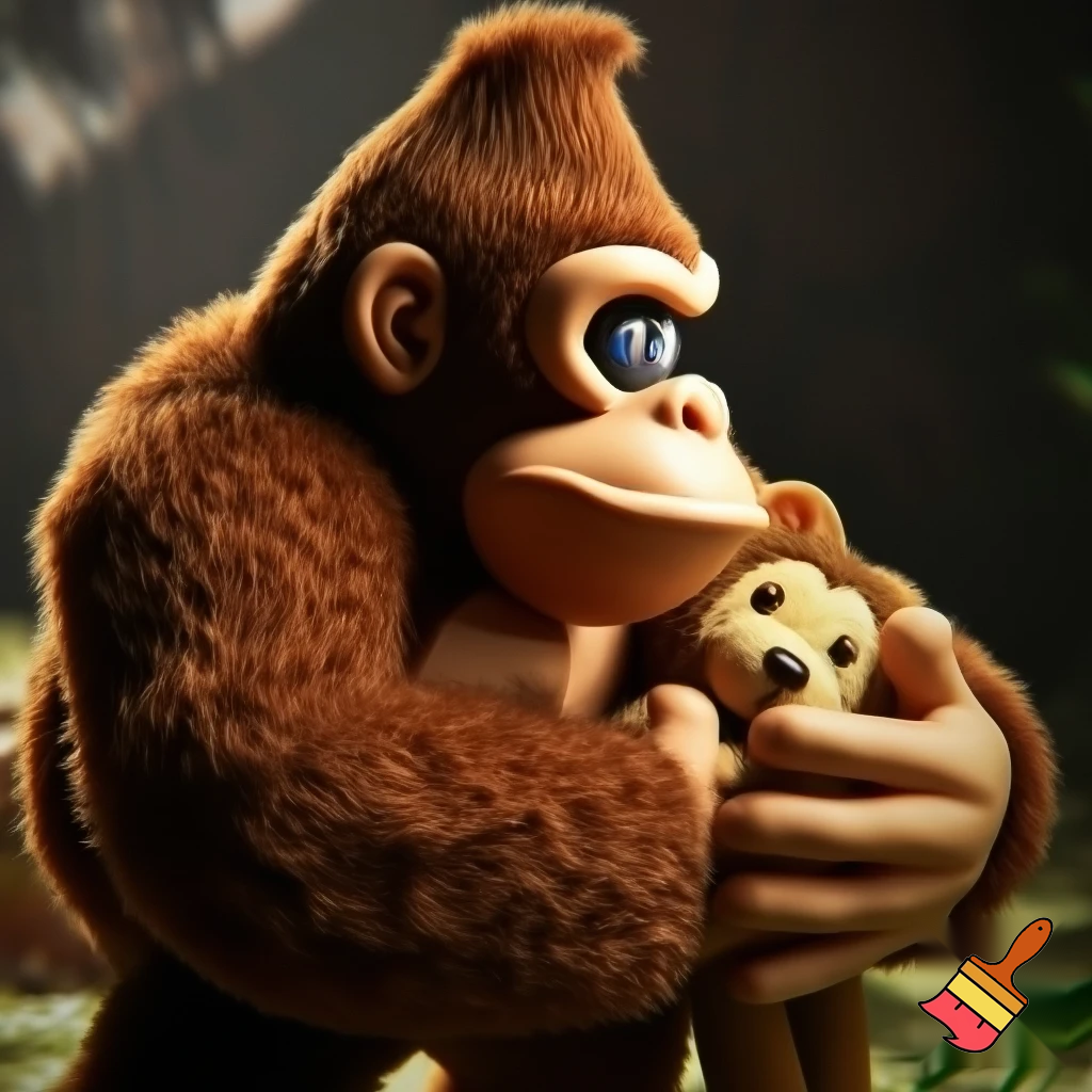 Donkey Kong hugging a teddy bear