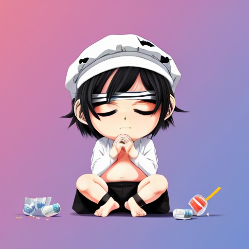 anime make chibi with white hair, a white cap and a white blindfold with a bloated belly sitting down from too much soda 