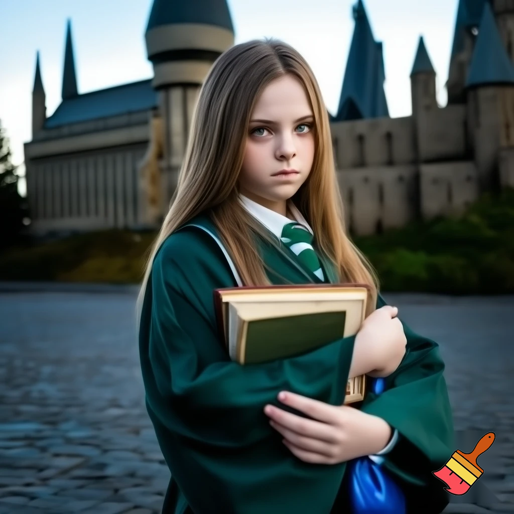 Make me a picture of a young 5'2, 14 year old girl with straight brownish-blonde hair and pale skin and glasz colored eyes. She is wearing Slytherin robes and standing in front of Hogwarts holding her books and she has a small blue side bag