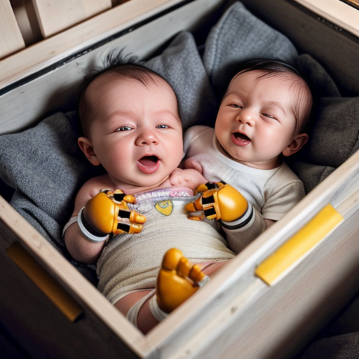 Babies in pod incubator nursery with large robotic arms on thier chests for heartbeats 