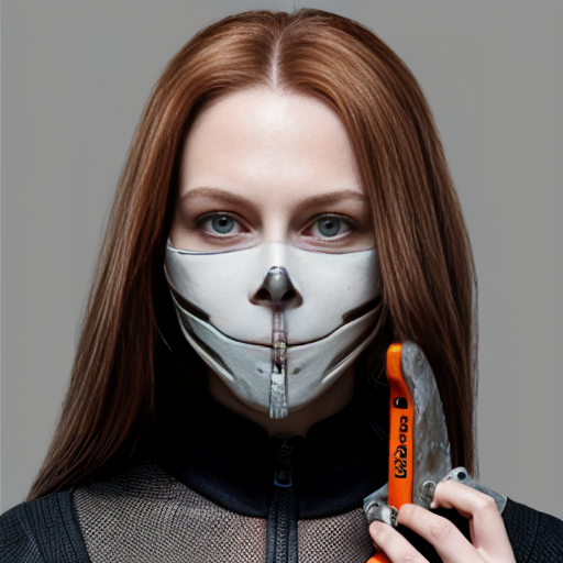 Photo of a pphotorealistic woman, lookalike of Edna from the Incredibles, very attractive facial features, very young looking for her age, 45 yo. The woman is wearing a broken Jason mask (covering only 3/4 of the face, with the top left quarter being uncovered, her deep brown eye visible. Is wearing a very modern elegant b&w outfit, holding chainsaw in hand.