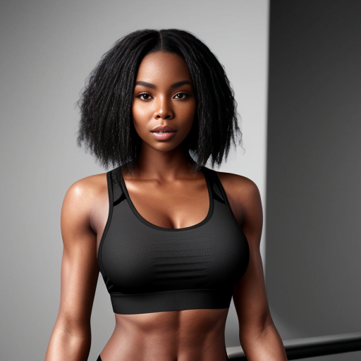 Ashanti with a black sleek middle part bob hair wearing a grey tank top and black bra working out 