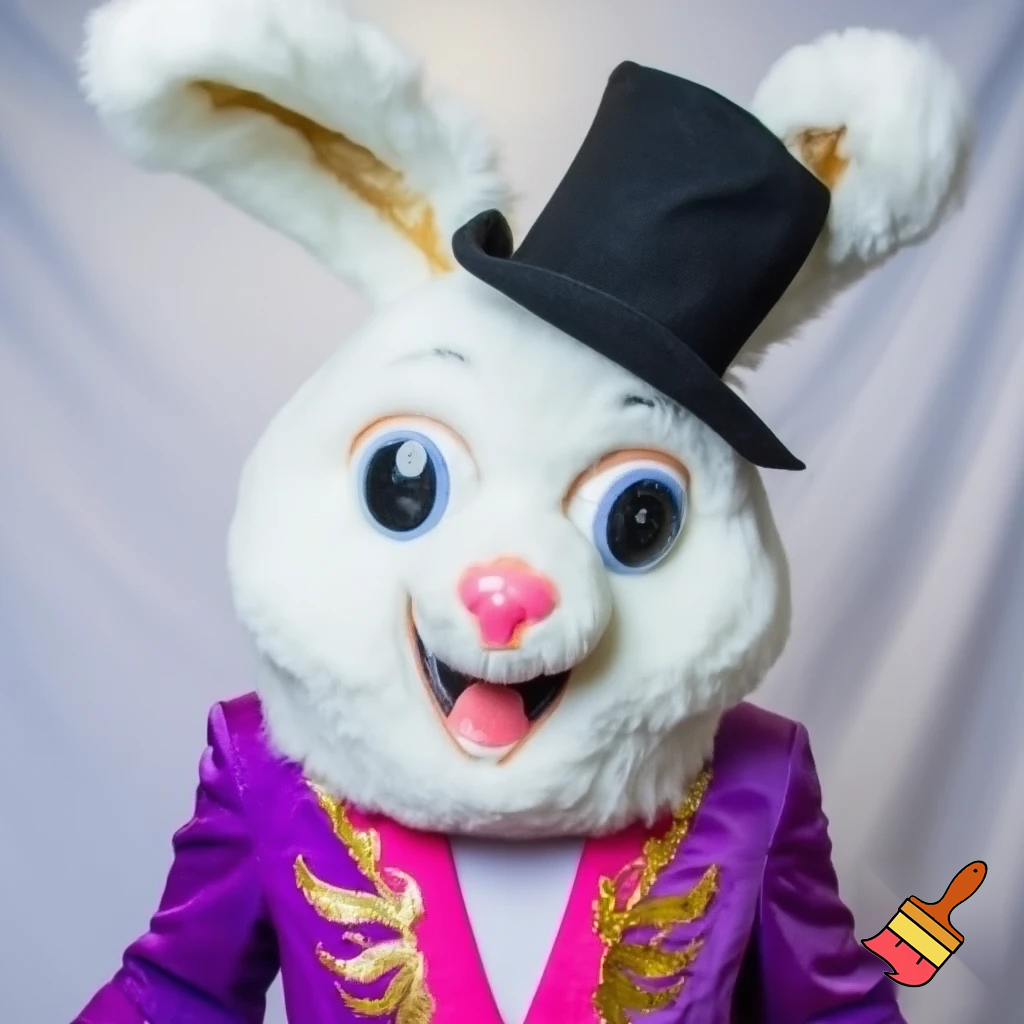 Easter bunny mascot costume top hat a colour face jacket purple and pink pink, purple and pink and gold purple and pink and gold