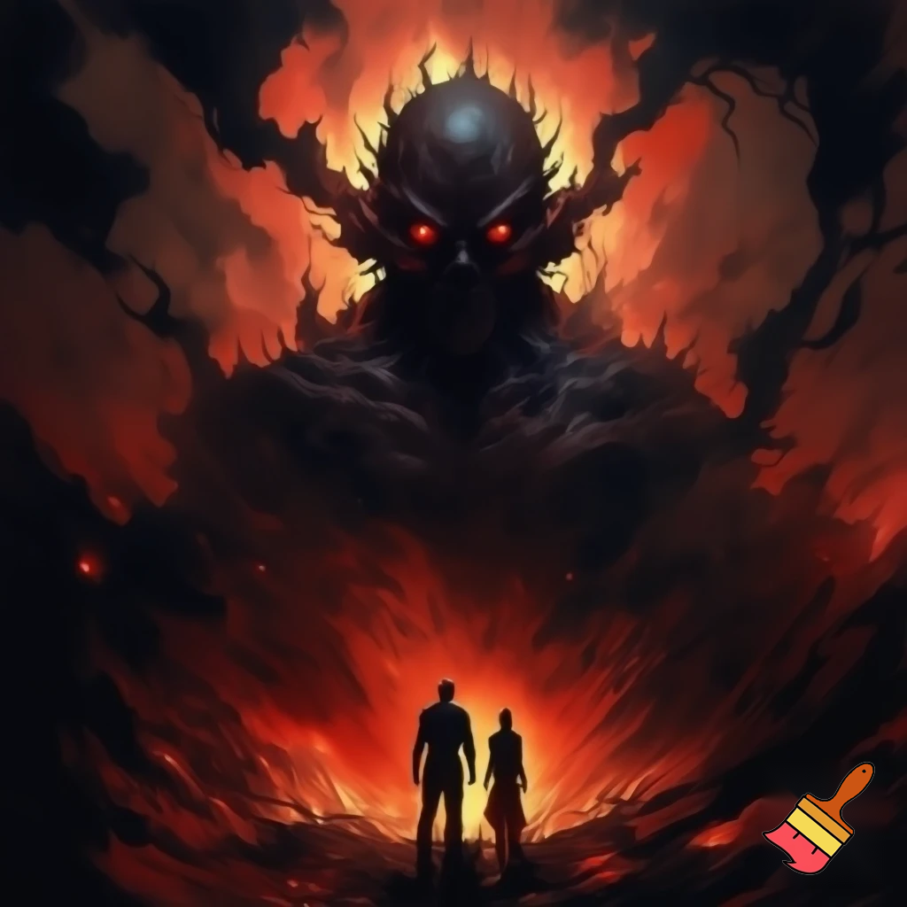 2 people with a demon behind them