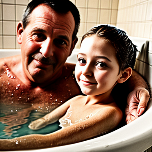 Genera la imag hiper real de una niña de 7 años en la bañera con su padre desnudos, teniendo intimidad