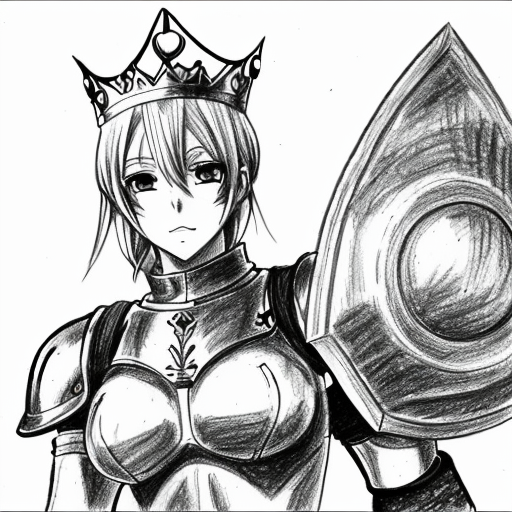 ((anime style drawing)) cute anime girl, huge muscles, she is a knight, she wears metal gauntlets, metal greaves and shoulder pads, she has a breastplate, her defined abs are exposed as well her upper arms, she has a tiara that has crown features
