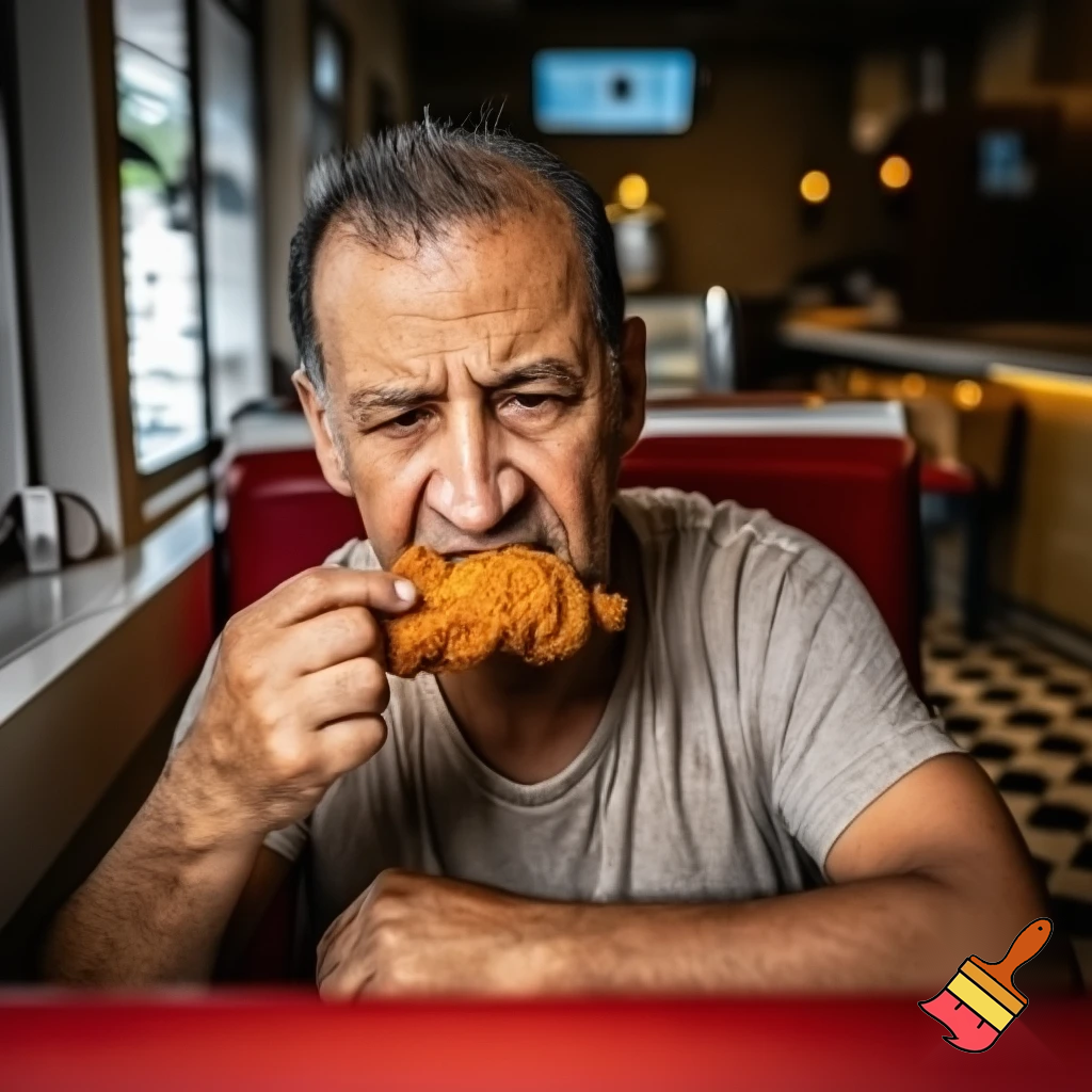 a fat guy eating fried chicken