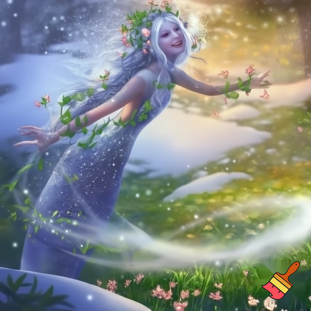 Девушка Зима плавно растворяется и переходит в девушку Весну, природа фэнтези, сказочно, волшебно

