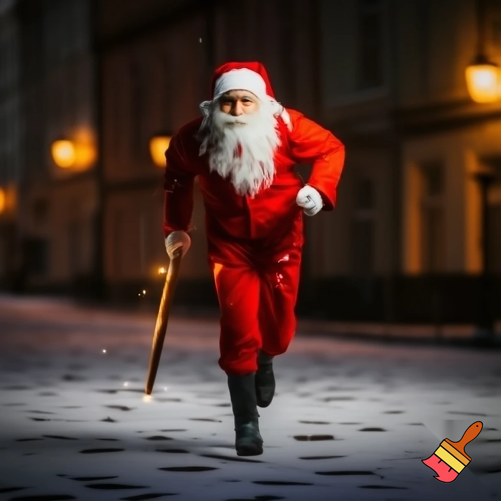 Santa Claus running with the walking stick running with his magic walking stick