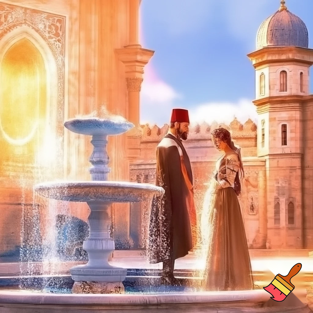 Osmanlı tarzı ihtişamlı bir saray, önünde mermer işlemeli güzel bir çeşme. Padişah ve yanındaki genç şehzade çeşmeyi inceliyor. Masalsı, parlak, sıcak tonlar.”
