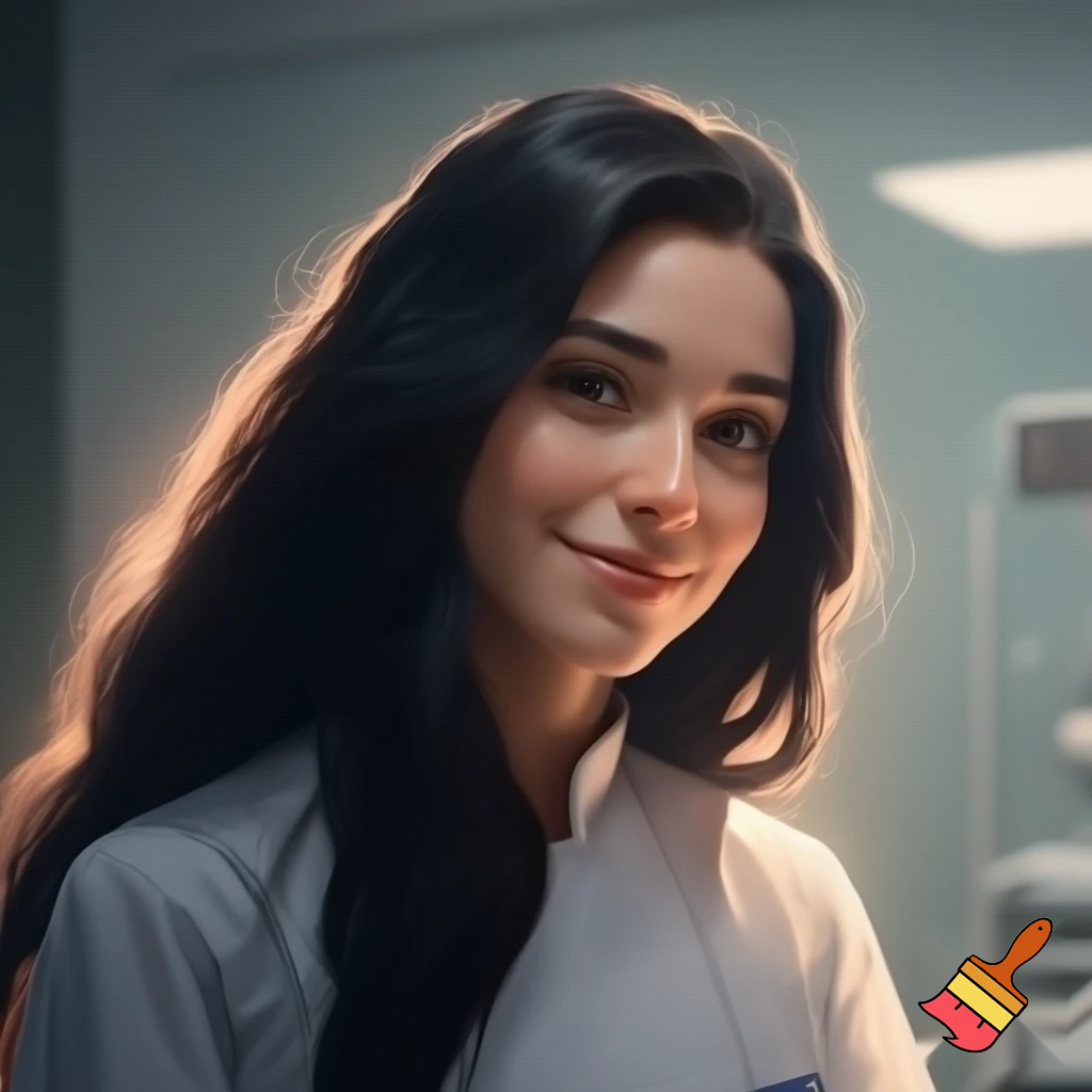 a nurse with white skin black long hair smiling 