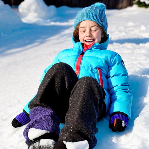 Create a pinkie pie equestria girls wearing light blue knit hats, light blue winter jacket, light blue mittens, purple pants and light blue boots in on back - lying down snow and making a snow angel in eyes closed and tooths grinw