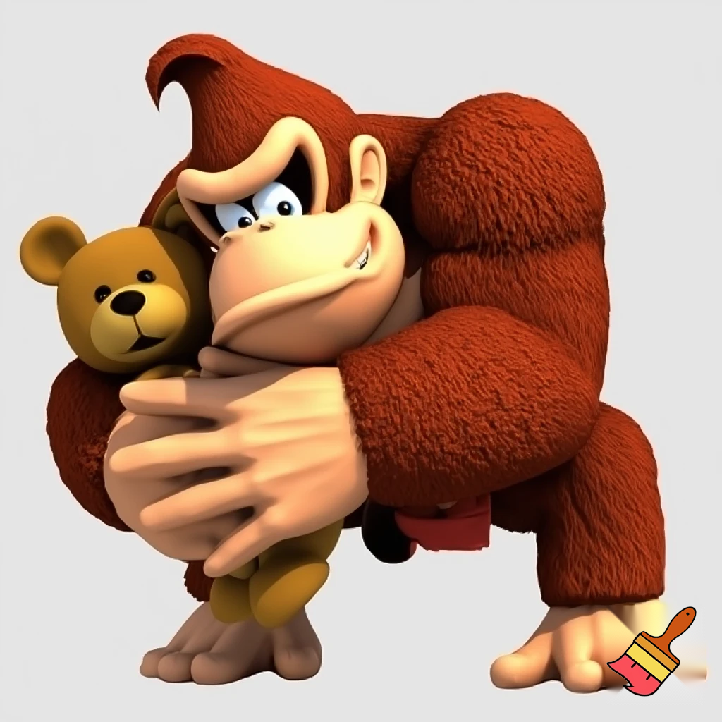 Donkey Kong hugging a teddy bear