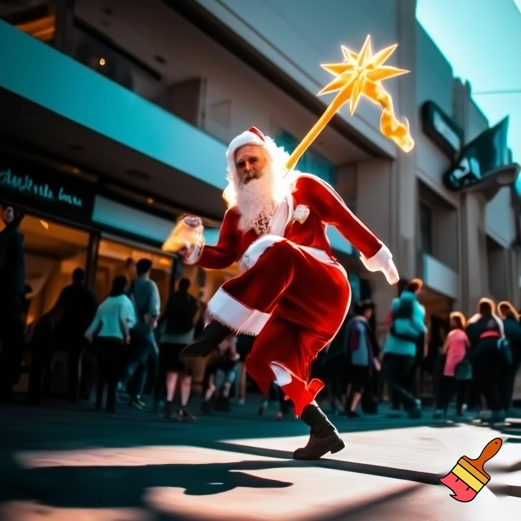 Santa Claus dancing shopping Centre walking Australian magic walking stick walking stick star running outside of the shopping centre