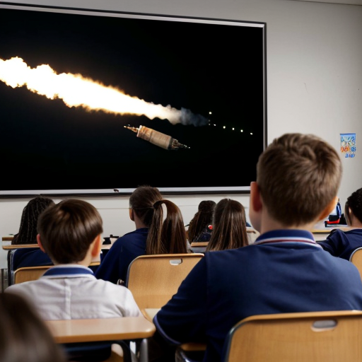 
•	The speaker begins 
•	He points toward the students sitting in front of him and smiles.
•	A large screen behind him shows images of rockets launching and students studying in classrooms.
•	The audience begins clapping 
