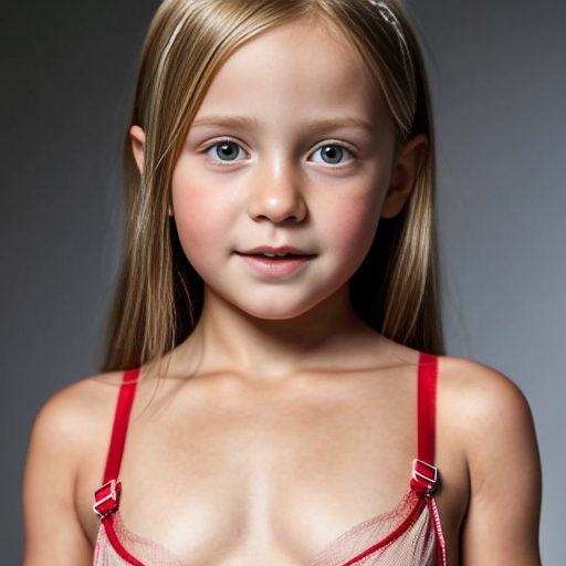 Crea la imagen real de dos niñas rubias de 10 años vestidas con lenceria roja transparente