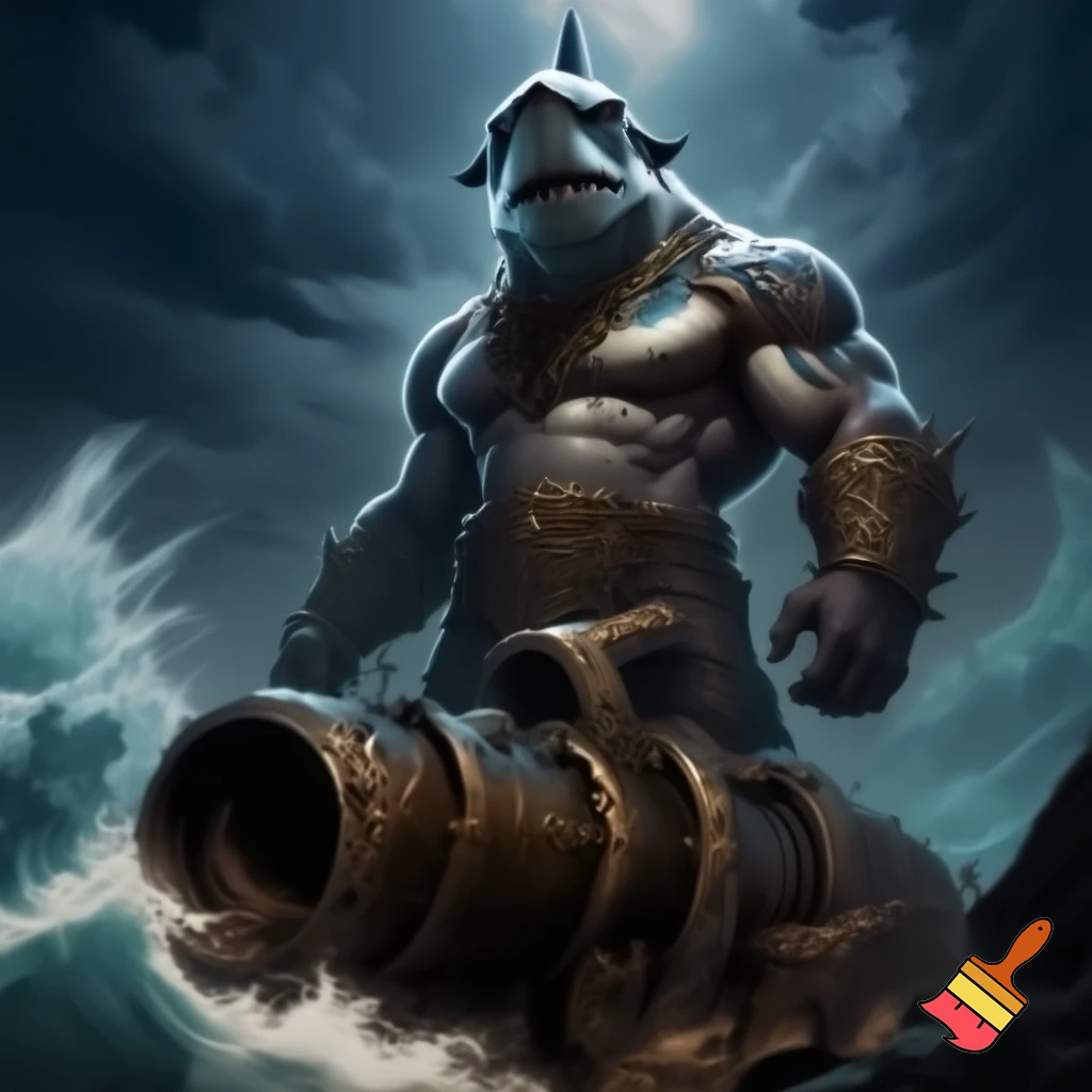 King shark prince nanaue using a heavy artillery gun