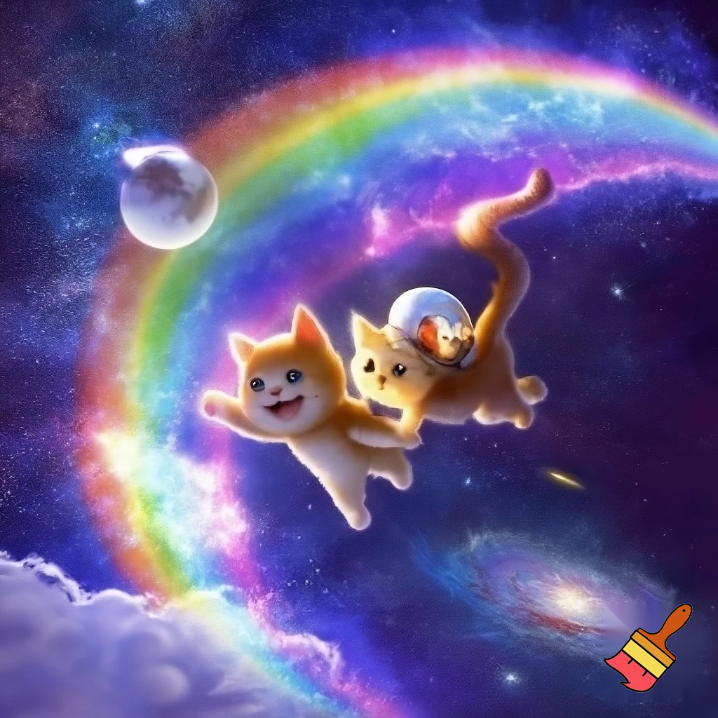 generate me, a cat flying through space with a friend and it has rainbows in the background
