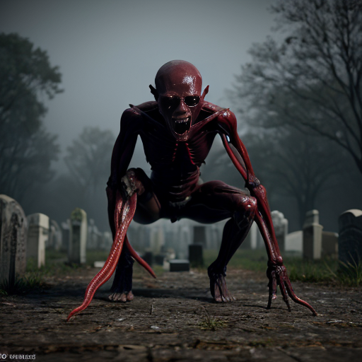 ​Photorealistic horror scene in a foggy, dilapidated cemetery. Three gaunt, emaciated humanoid figures with pitch-black, tar-like skin. The left figure has a head of exposed red flesh, tentacles, and embedded screaming human faces. The center figure's head is split into a gaping fleshy maw with long tendrils, topped with a black human head. The right figure crouches in a predatory stance, its head made of exposed red muscle and facial tentacles. Gloomy overcast sky, bare trees, ruined stone crypts, dead leaves on the ground, cinematic lighting, highly detailed, grimdark atmosphere, 8k.