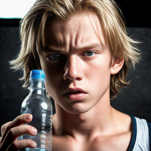 a blond teenager that is angry and looking at the camera. make him really ugly and holding a water bottle