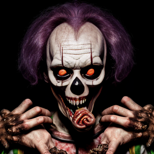 ​A​Photorealistic flash photography of a grimy, liminal hospital hallway. A group of creepy clowns with red, green, purple, straight, frizzy, trashyhair and stained, vintage striped outfits surround a towering, grotesque creature made of tangled intestines and dried maggots with a terrifying, gaping mouth. Eerie fluorescent lighting, dark surrealism, weirdcore aesthetic, macabre atmosphere